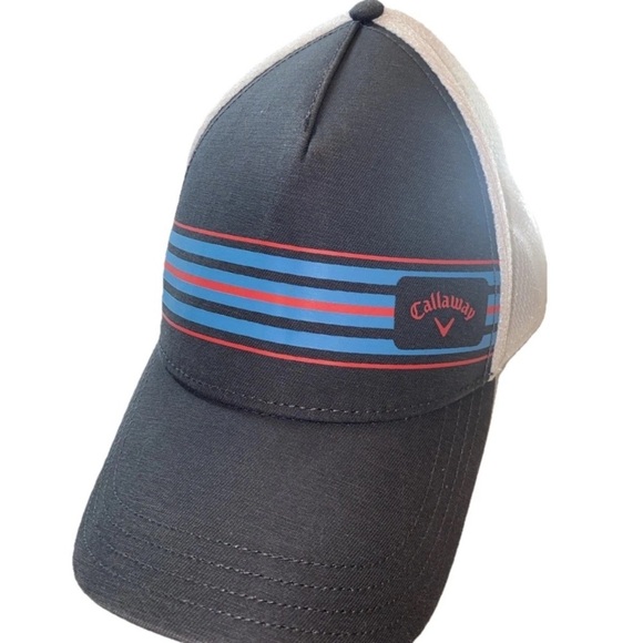 Callaway Snap Back Hat Charcoal with Red and Blue Stripe Design and White Mesh - Picture 1 of 7